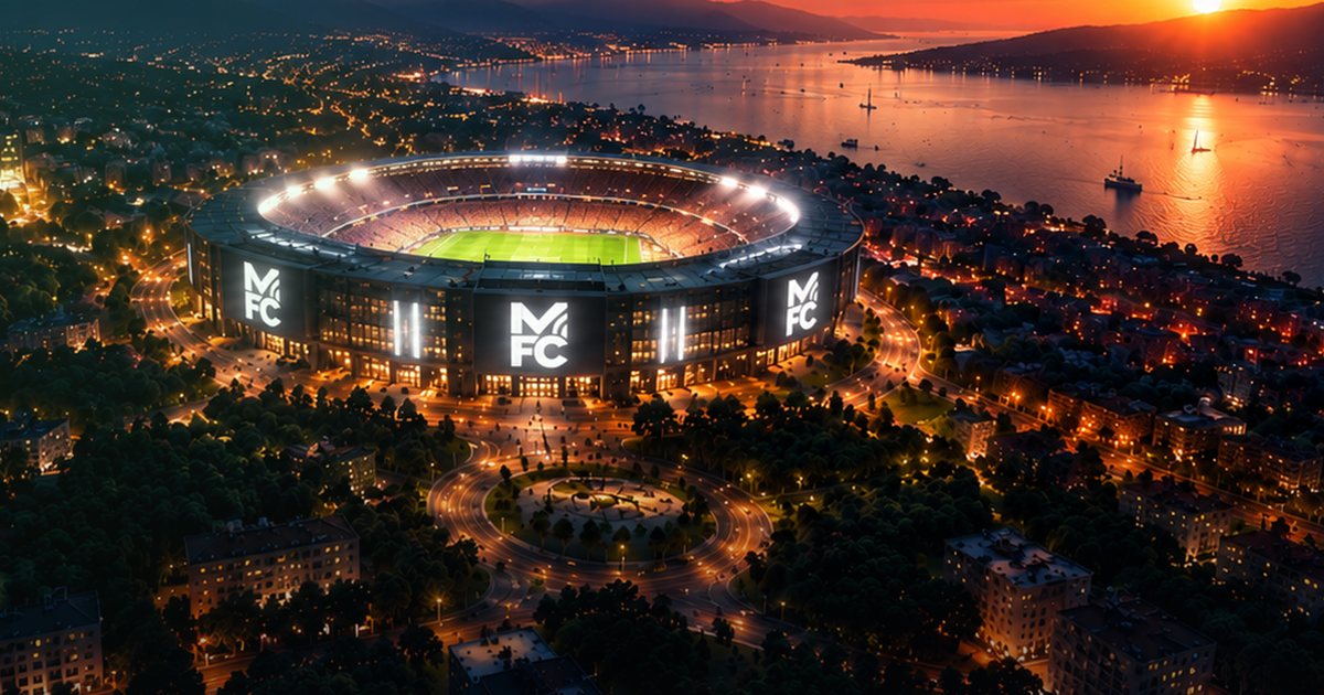 The new ManageFC homepage with a floodlit stadium, a globe and the feature cards