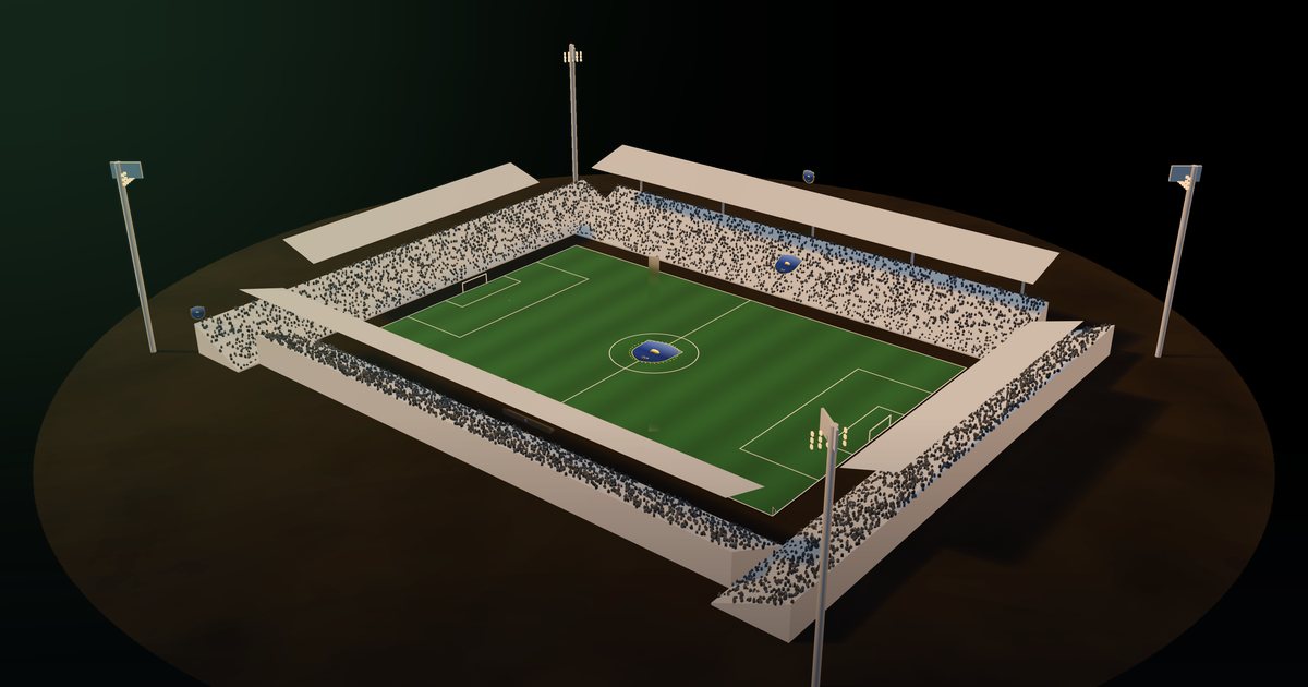A fully built level 10 ManageFC stadium at night with the club crest on the centre circle