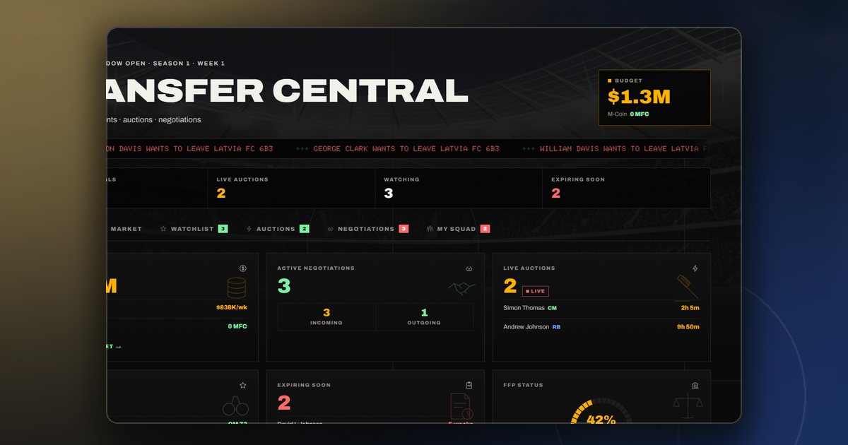 The ManageFC transfer central screen with listed players and budgets
