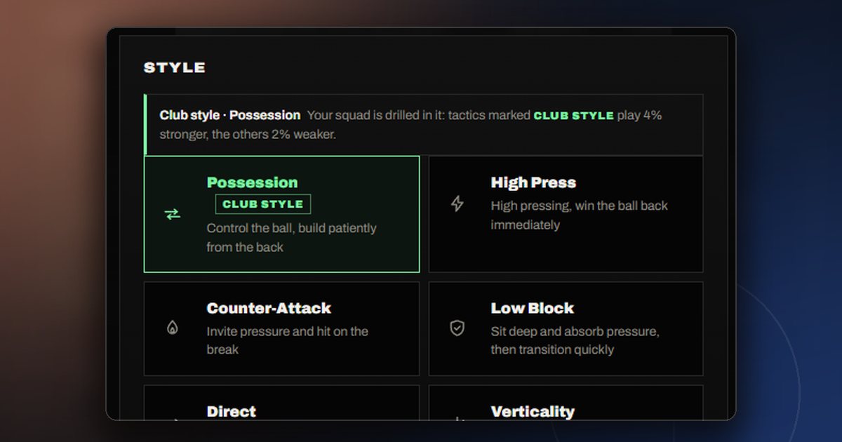 The tactics screen showing the club's playing style