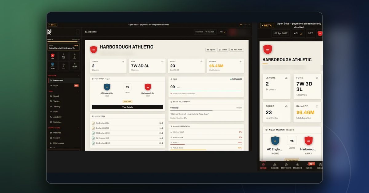Pages of ManageFC shown side by side at desktop and phone widths