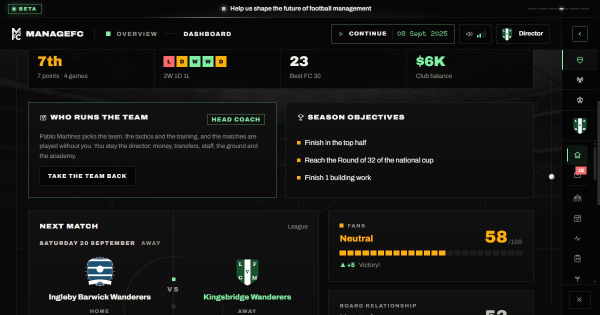 The new dashboard: the head coach in charge of the team, the season objectives, and the next match