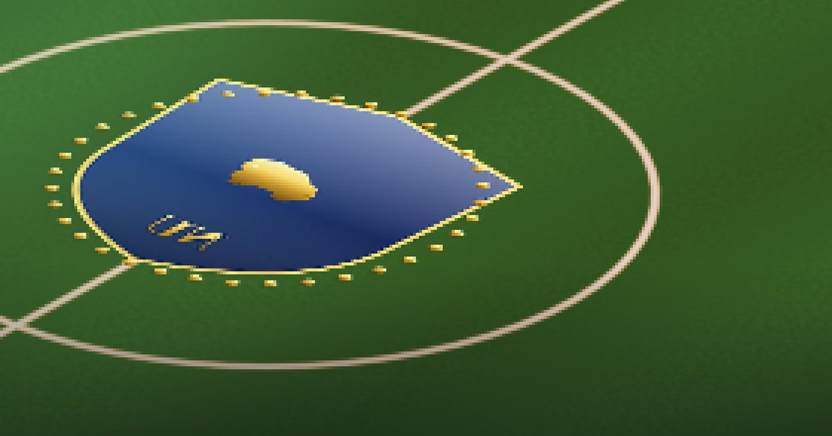 A club crest painted on the centre circle of a ManageFC stadium