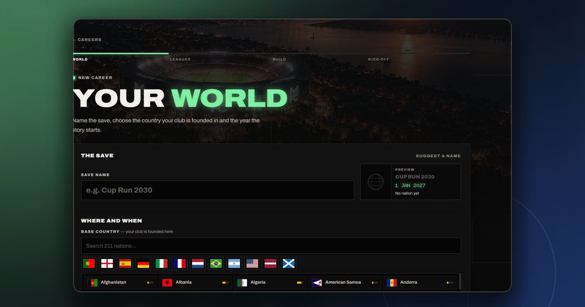 The ManageFC new-save wizard where every manager now starts a fresh world