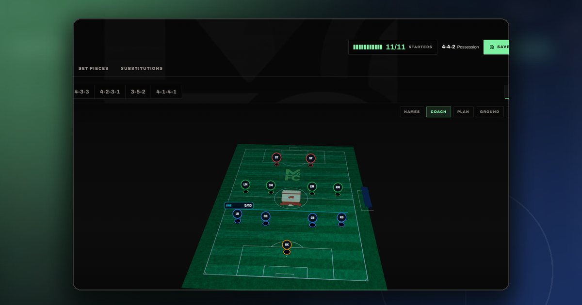 The ManageFC tactics screen with the substitution plan and set-piece tabs