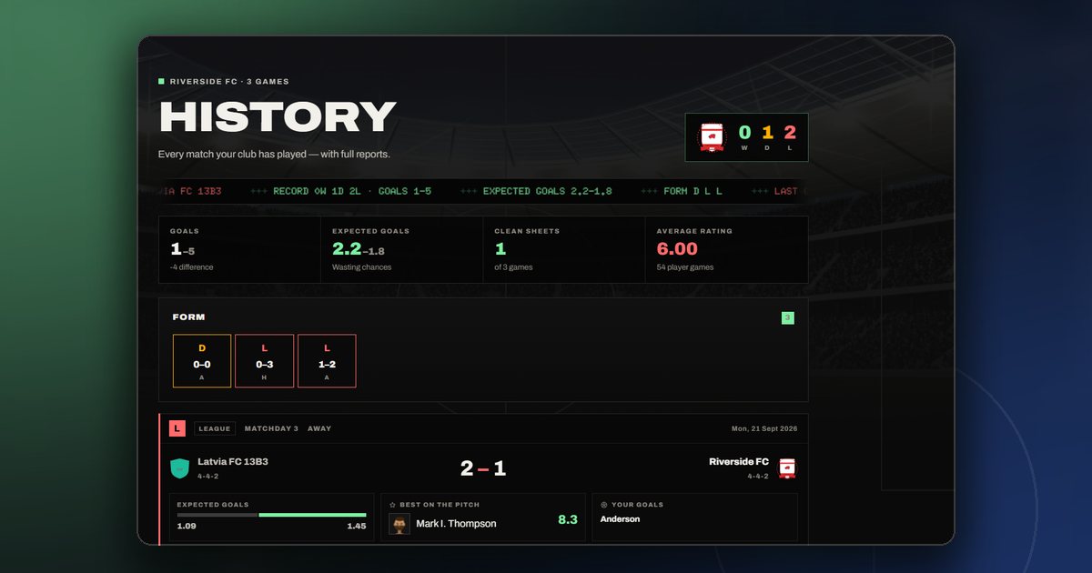The ManageFC dashboard with the time-skip control that advances the world