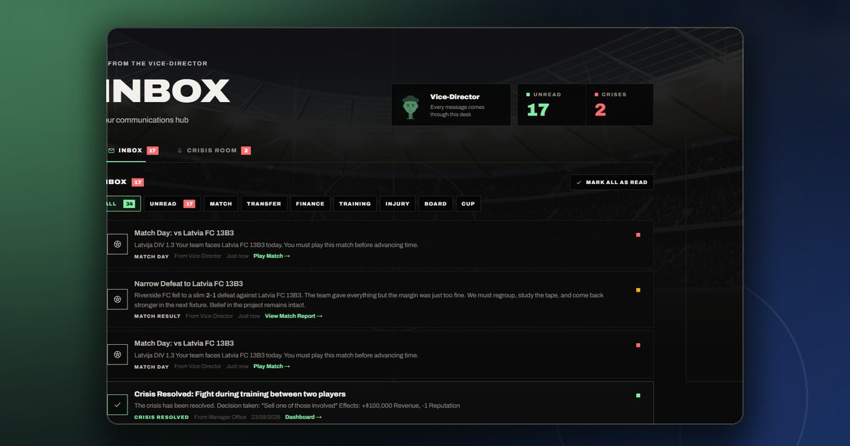 The ManageFC inbox with notifications about matches, transfers and the board