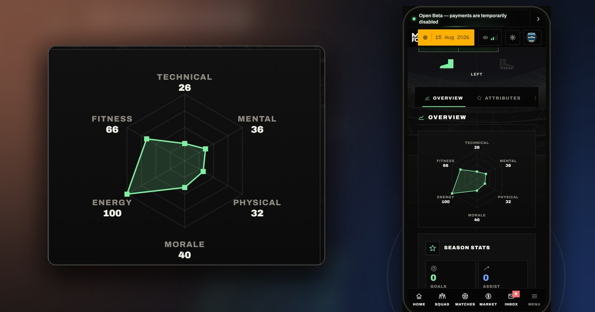 A player profile on a phone showing Energy at 100 and Fitness at 66