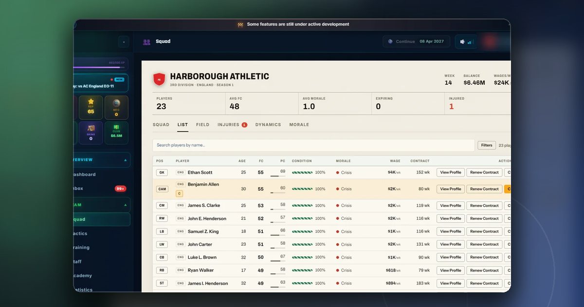 The ManageFC squad screen before and during the September redesign, side by side