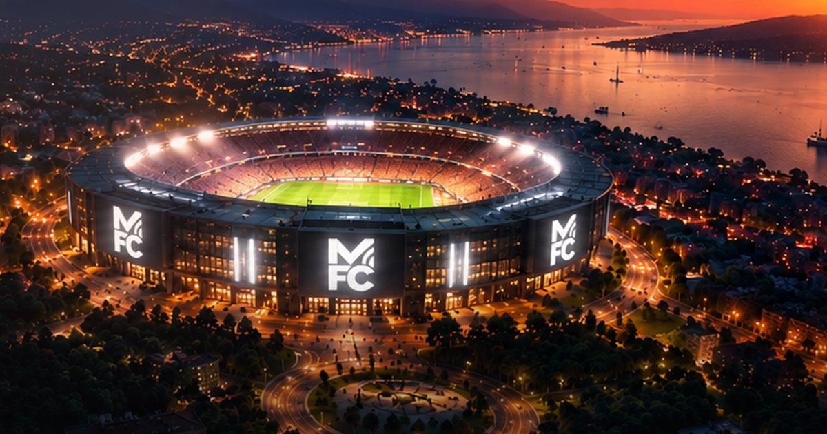 The ManageFC stadium at night above a city, the opening image of the ManageFC blog