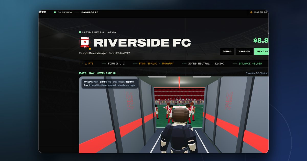 The ManageFC dashboard with the time-skip control and the next fixture