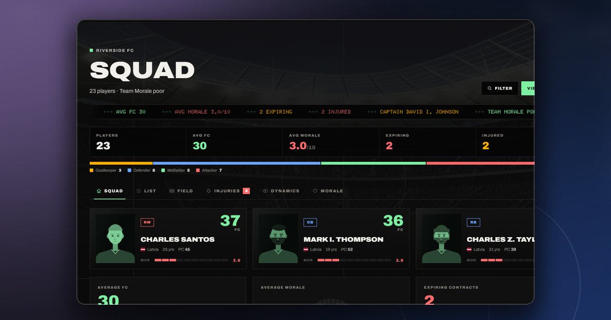 A ManageFC squad of procedurally generated players, every name invented for your world