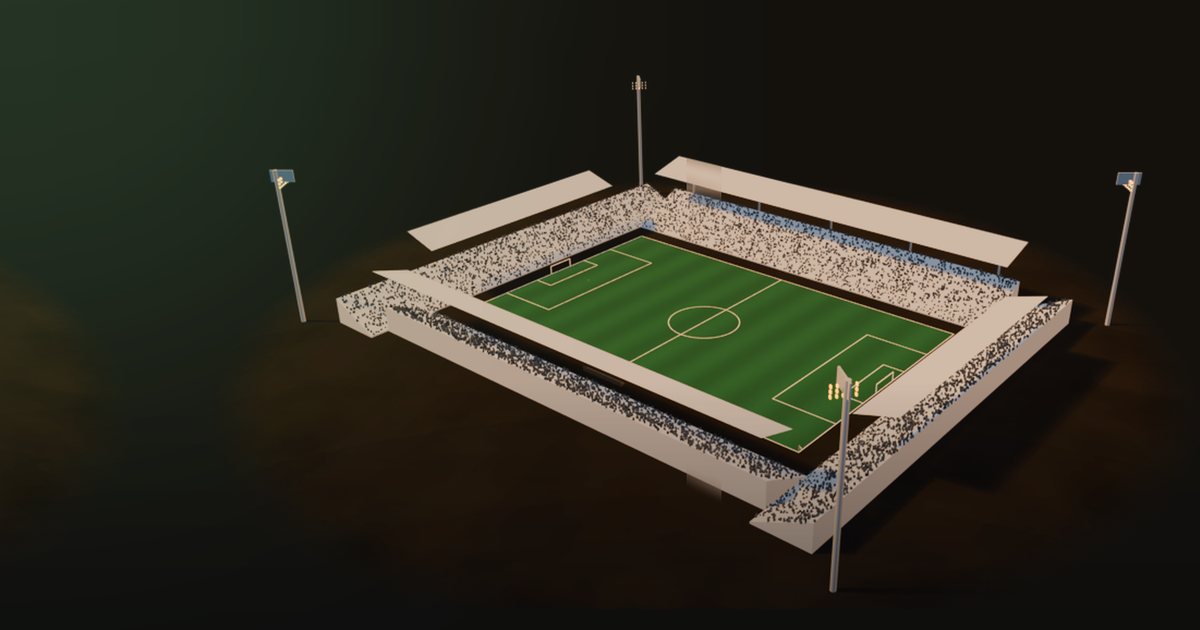 A small ManageFC stadium with a single stand, the kind of ground a lower-division club plays in