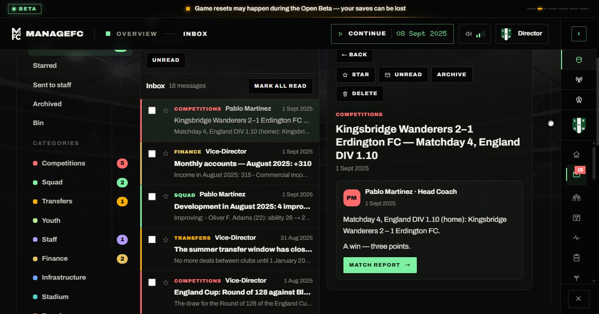 The new inbox: folders and colour-coded categories on the left, the list of messages, and a match result from the head coach