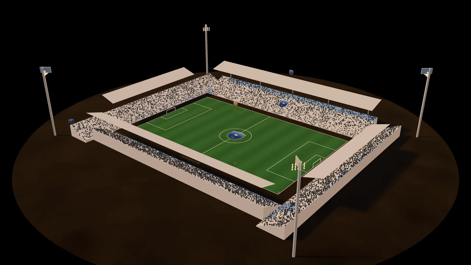 A level 10 stadium with the club crest on the centre circle