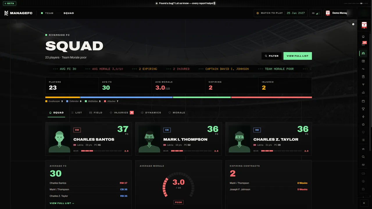 The ManageFC squad screen
