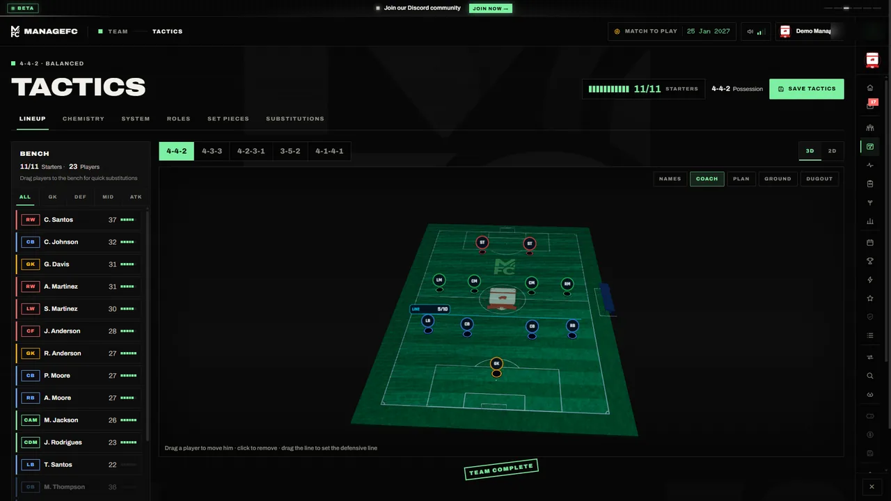 The ManageFC tactics screen