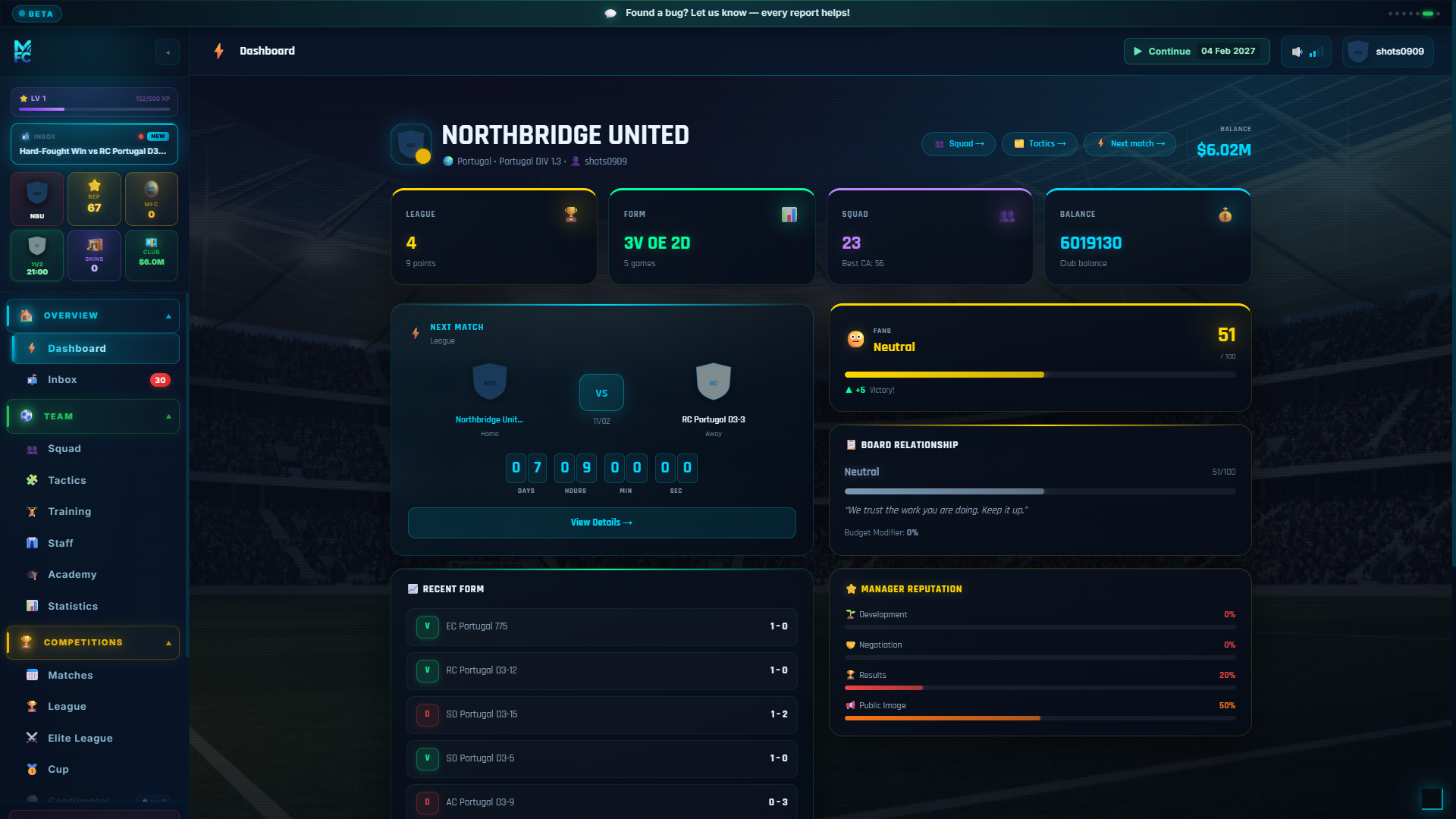 ManageFC screen — dashboard