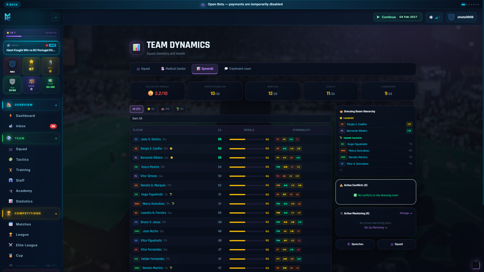 ManageFC screen โ dynamics