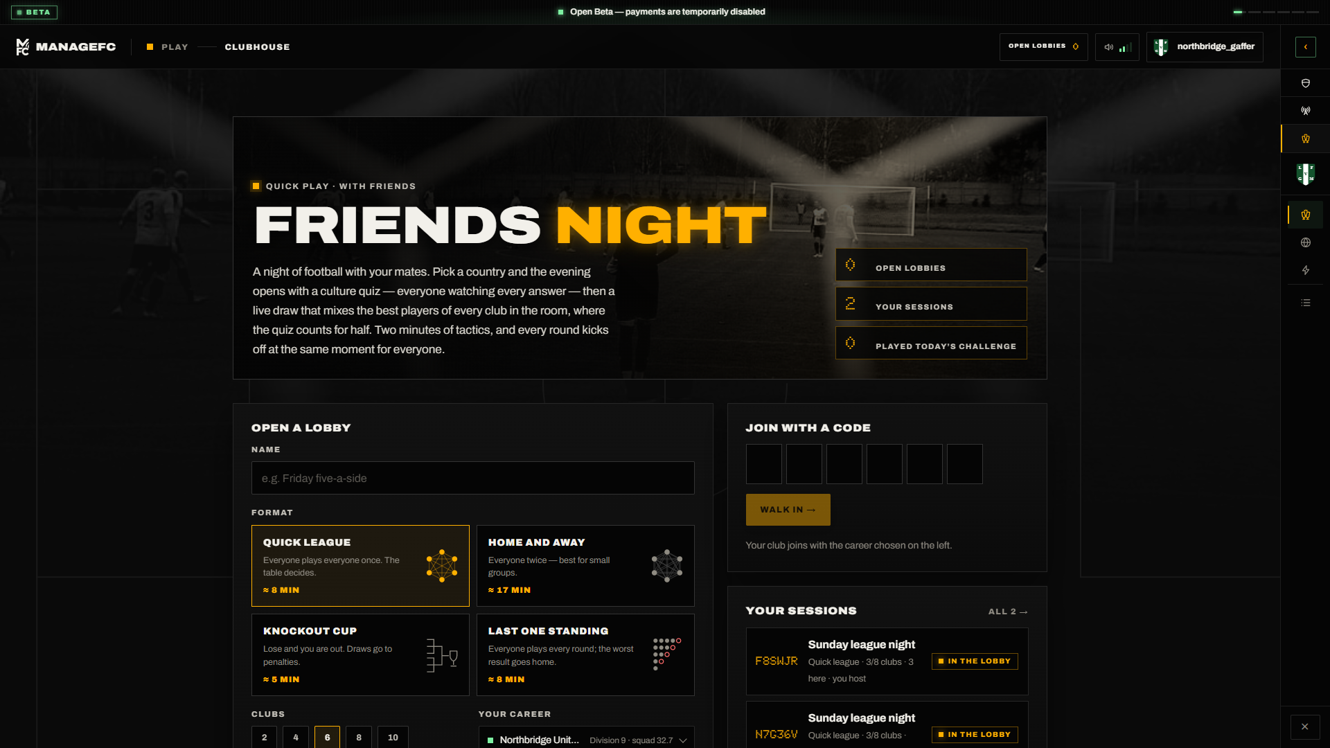 ManageFC screen — friends