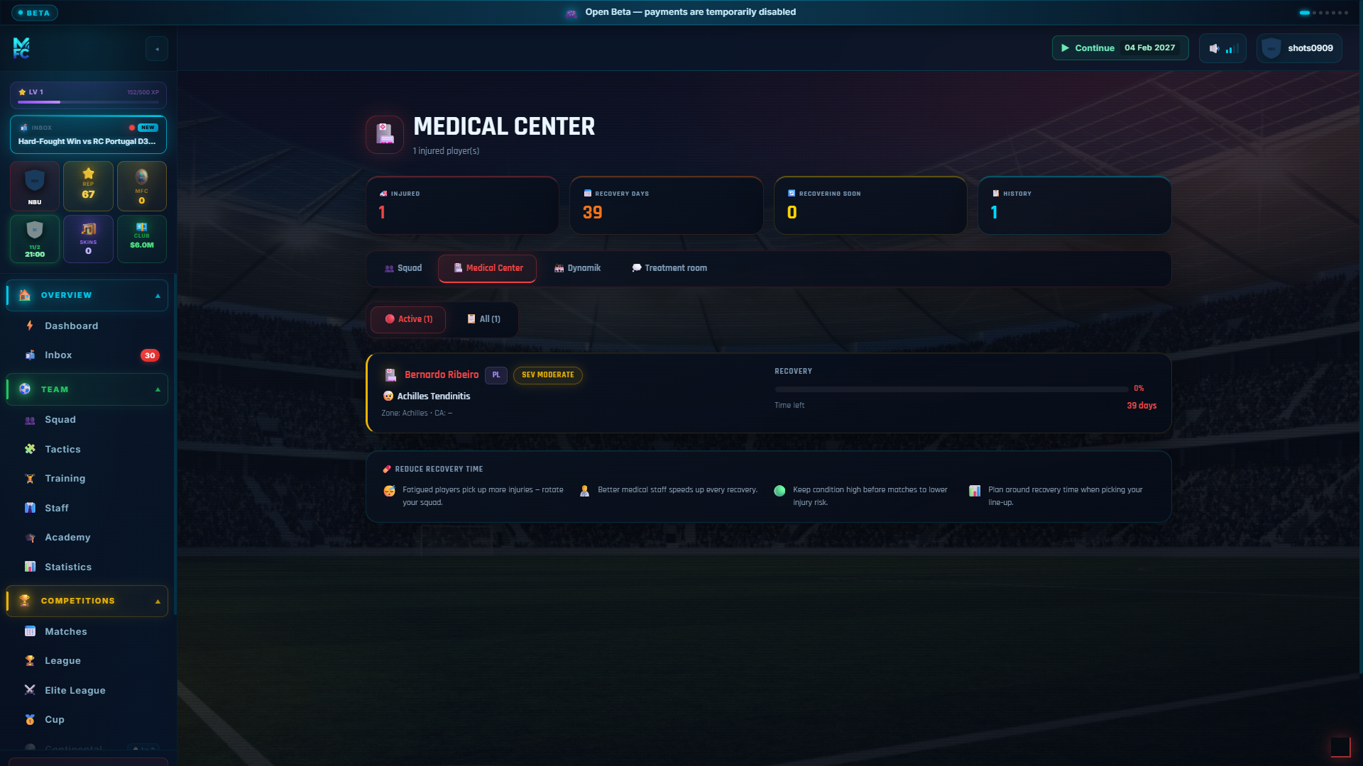 ManageFC screen — injuries