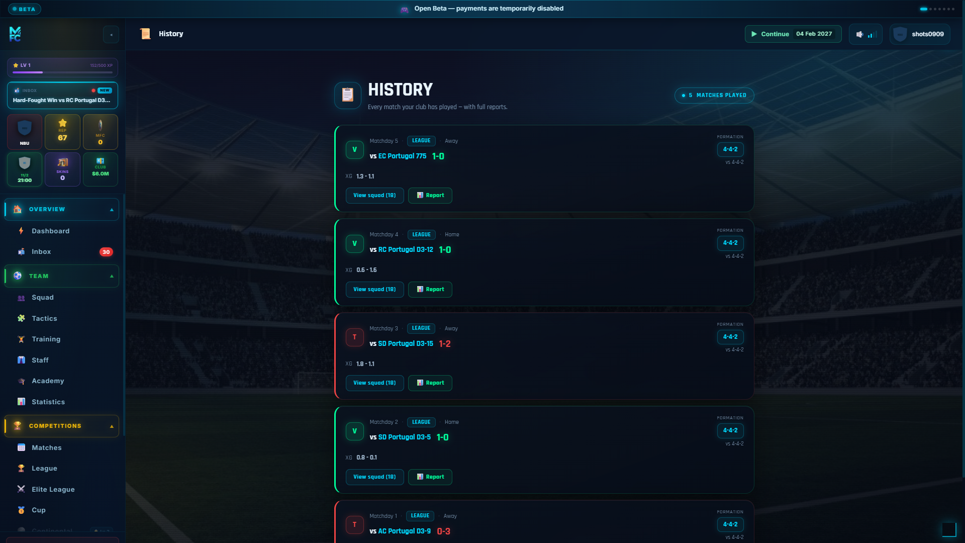 ManageFC screen โ match-history