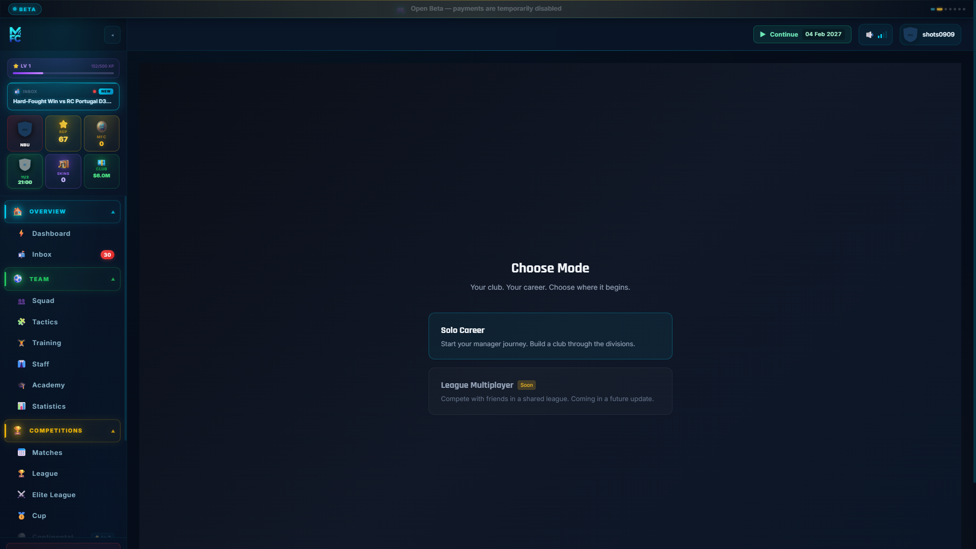 ManageFC screen — mode-select