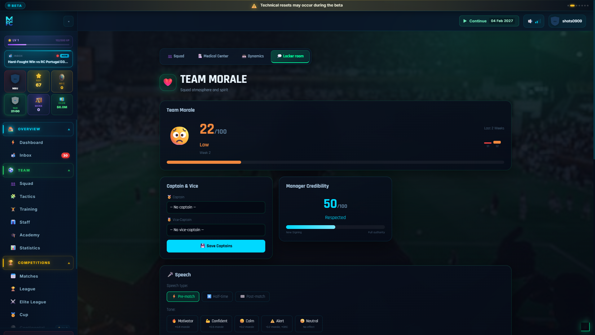 ManageFC screen — morale