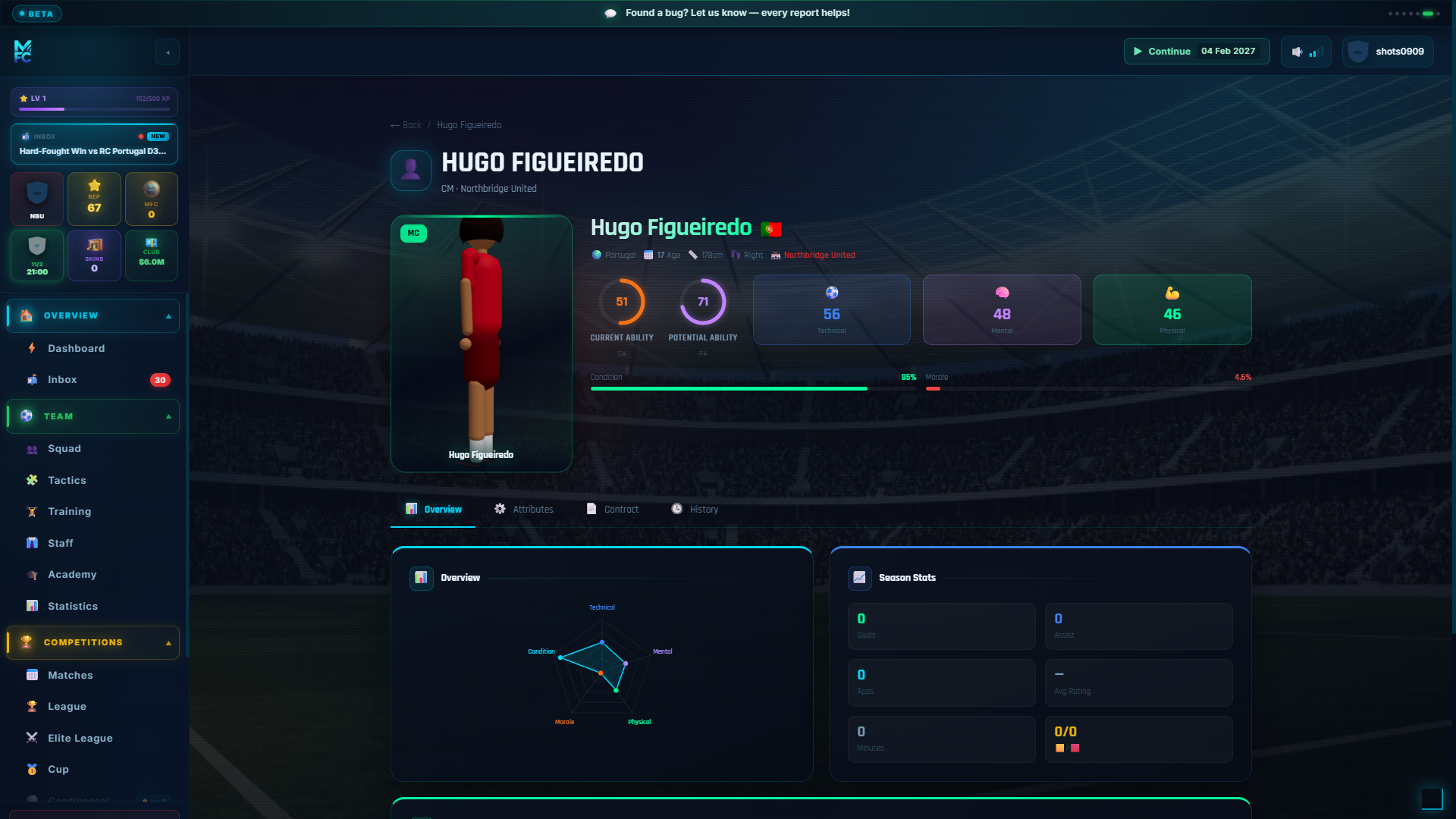 ManageFC screen — player