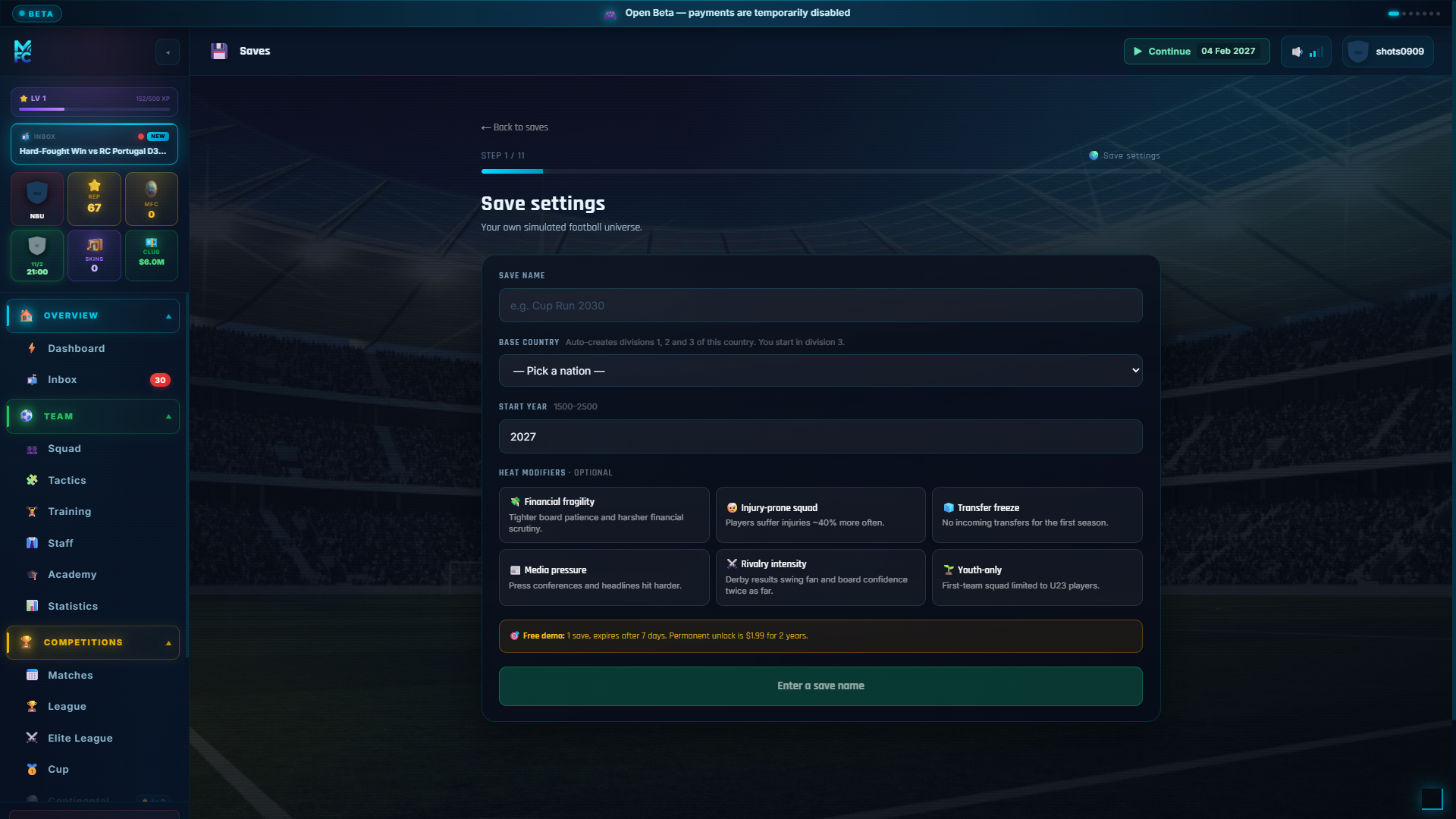 ManageFC screen — saves-new