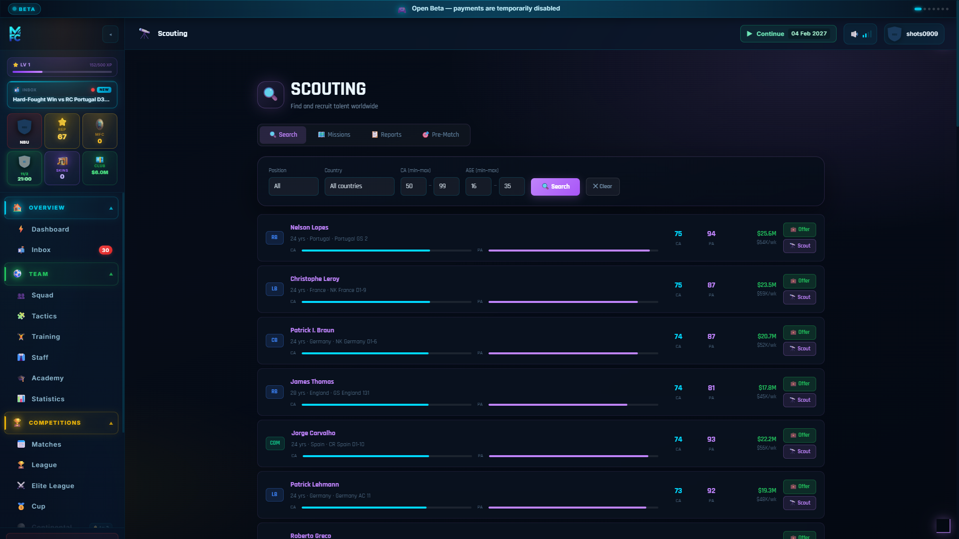 ManageFC screen — scouting
