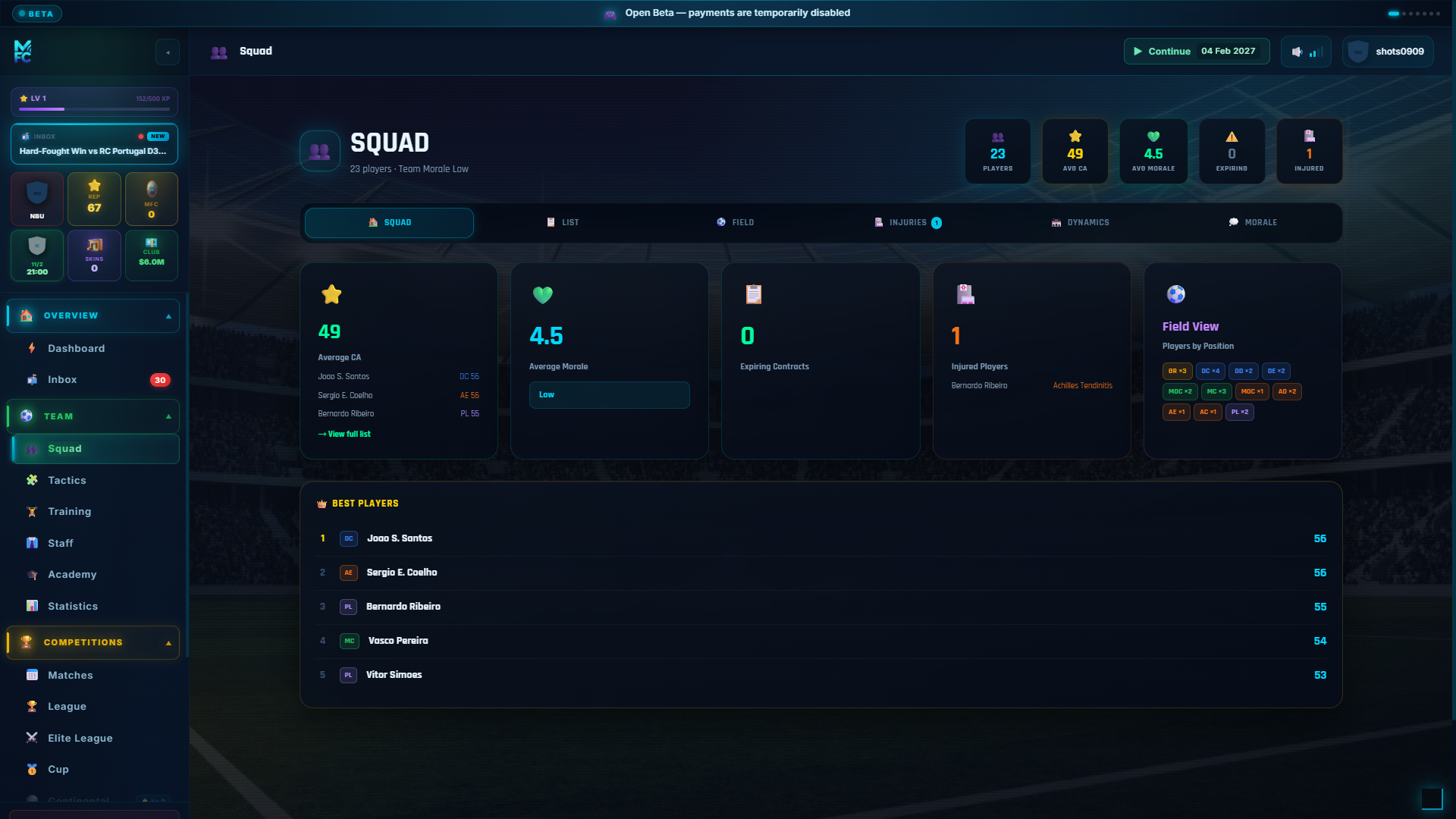 ManageFC screen — squad