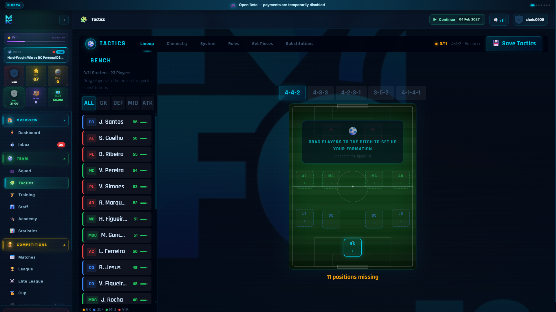 ManageFC screen — tactics
