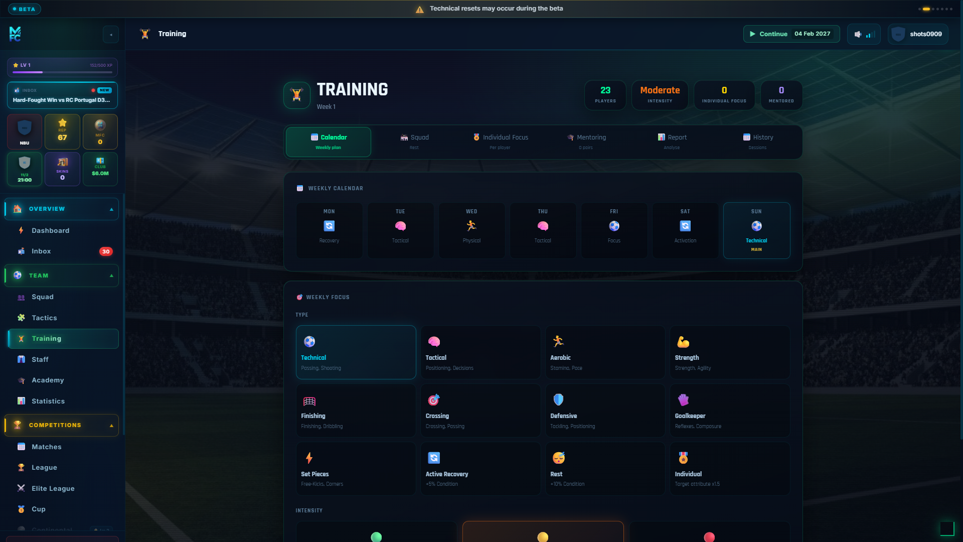 ManageFC screen — training