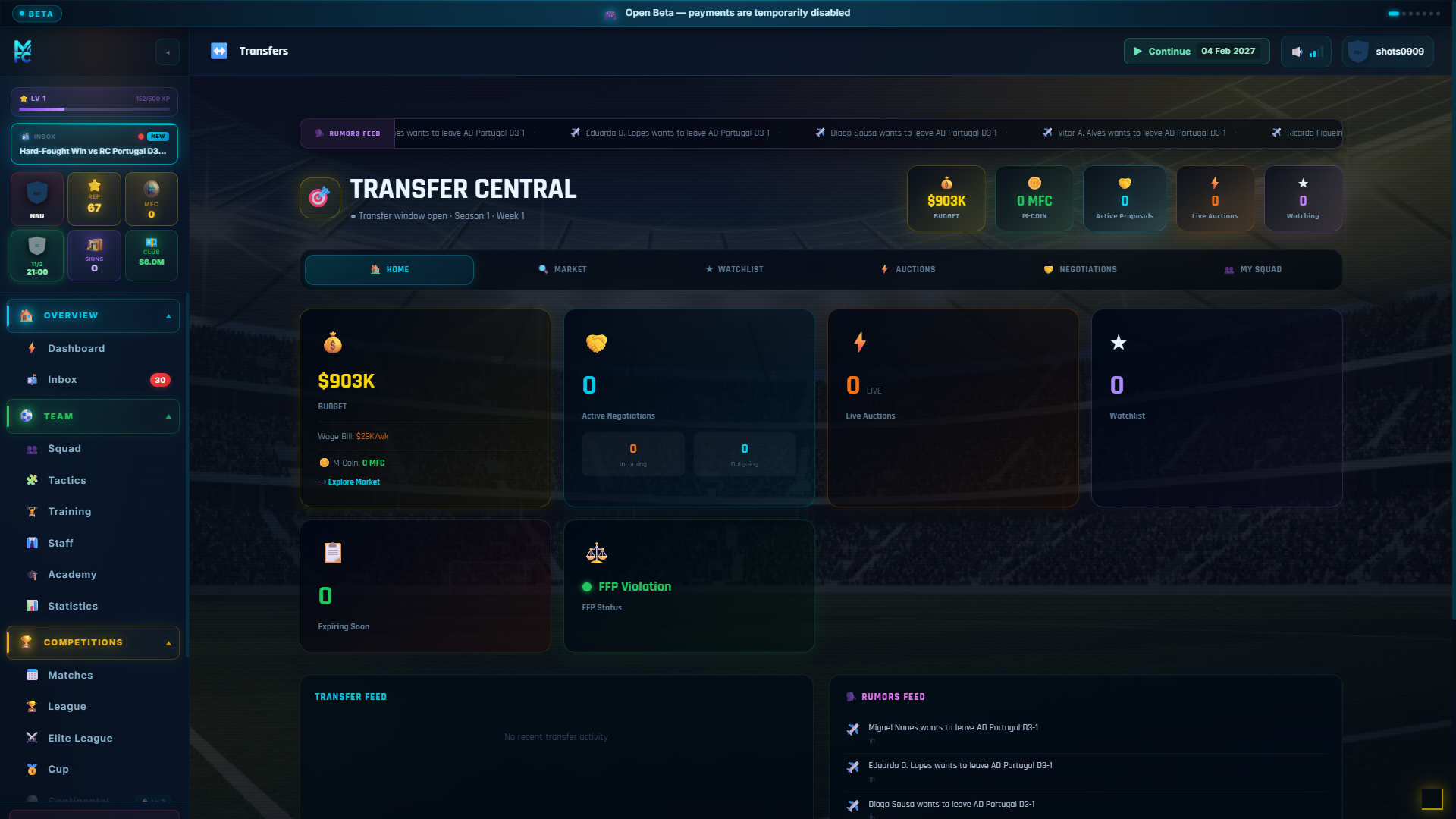 ManageFC screen — transfers