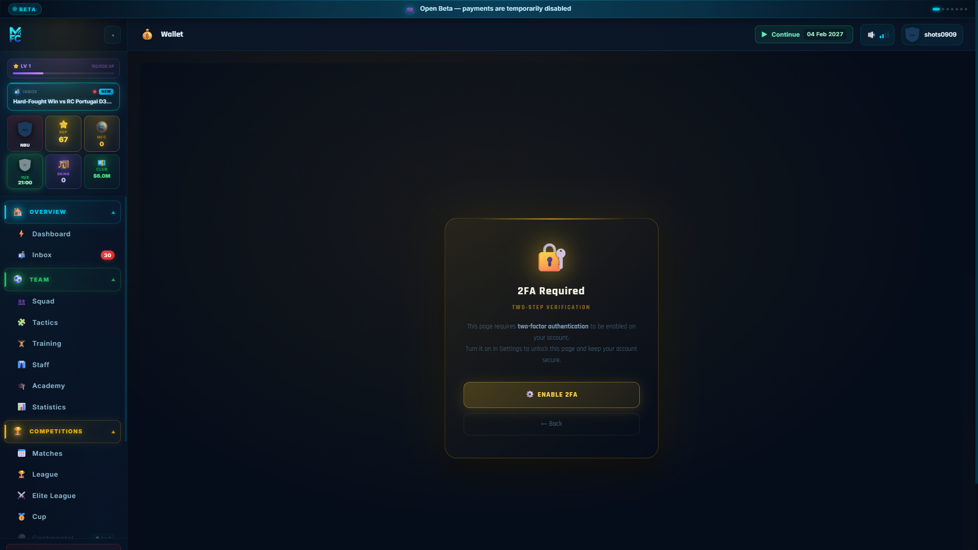 ManageFC screen — wallet